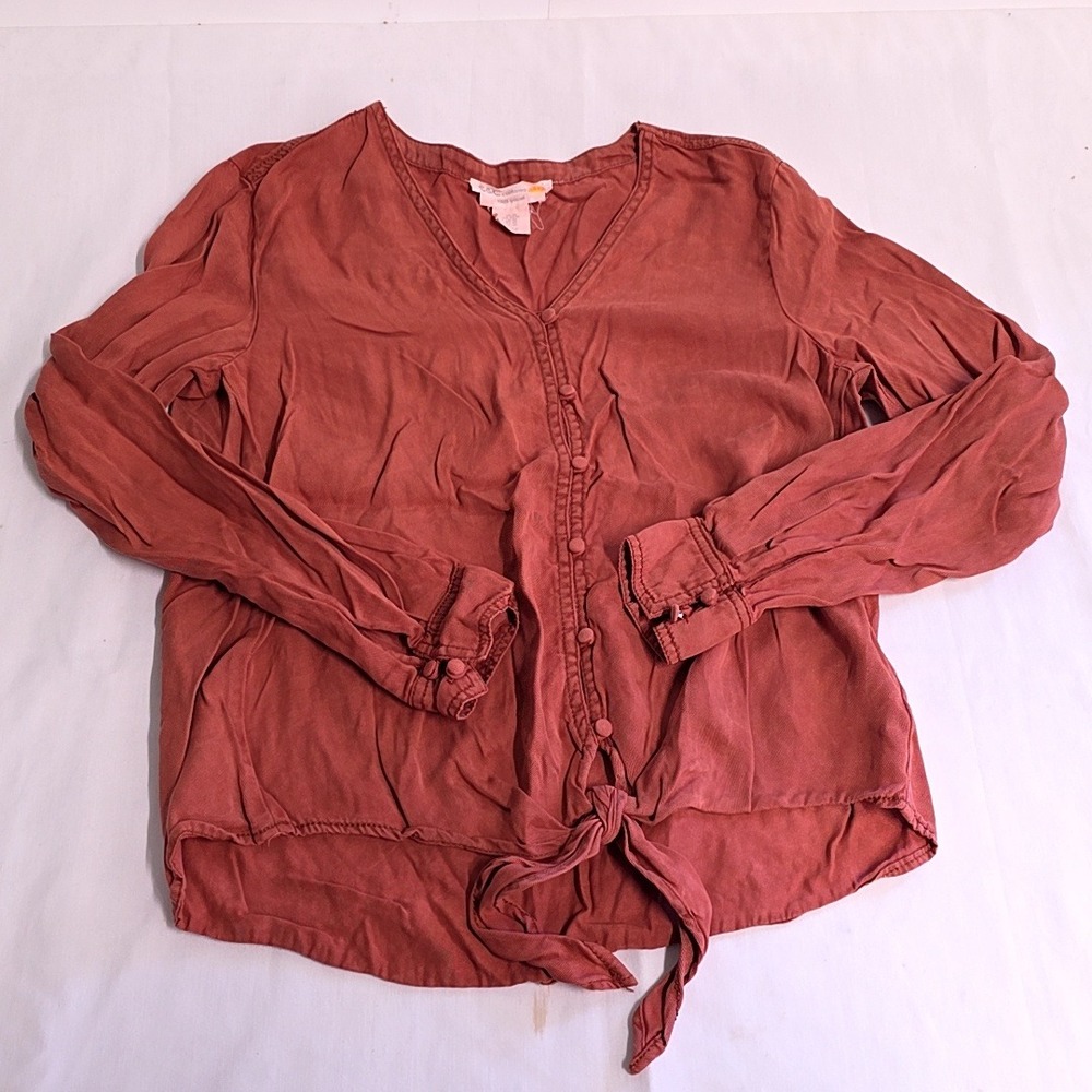 C&C California Blouse Womens XS Rust Orange Lyocell Button Front Tie Hem Top